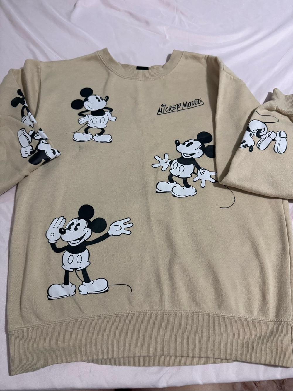 Disney Beige Crewneck Sweater with Black and White Mickey Graphics